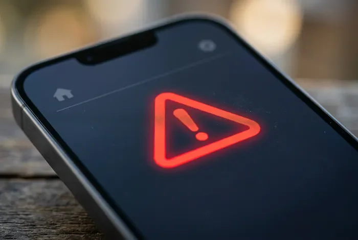Onecta Daikin problème de connexion : 5 solutions - Problème connexion Onecta Daikin : Réparez en 5 min ! - Onecta Daikin ne se connecte pas ? Voici la solution Gros plan sur un smartphone affichant un point d'exclamation rouge sur l'application Daikin Onecta