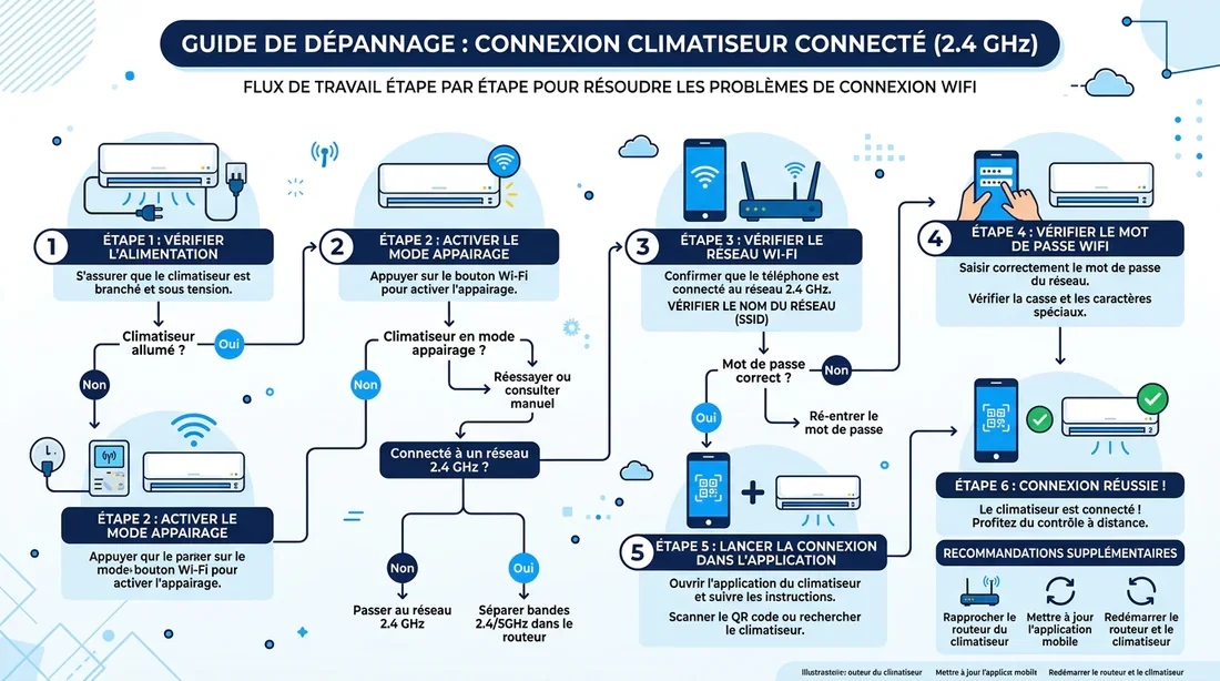 Guide étape par étape dépannage Wi-Fi Daikin Onecta Infographie étape par étape des solutions pour résoudre les problèmes de connexion Daikin Onecta