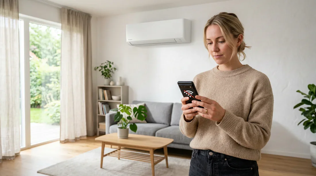 Problème de connexion Wi-Fi Daikin Onecta hors ligne Personne tenant un smartphone avec un problème de Wi-Fi devant un climatiseur mural Daikin dans un salon moderne