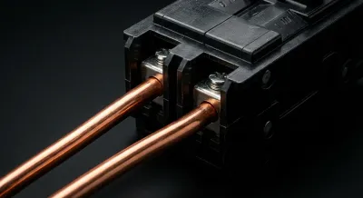 Gros plan iconique d'un disjoncteur électrique avec câblage cuivre propre.