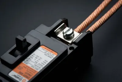 Gros plan sur deux fils électriques branchés dans une borne de disjoncteur.