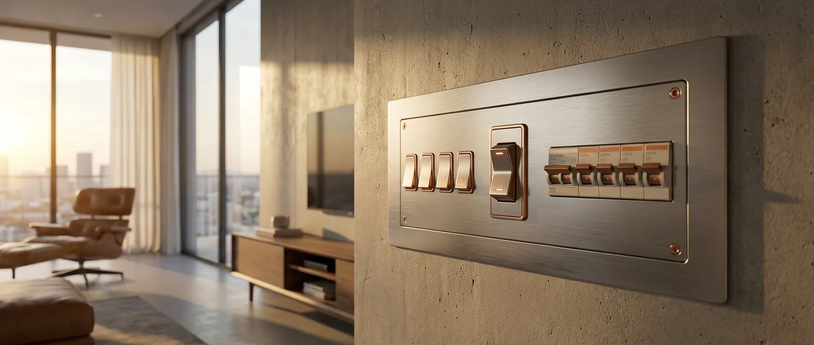 Tableau électrique design et moderne dans une maison contemporaine, focus sur le disjoncteur général.