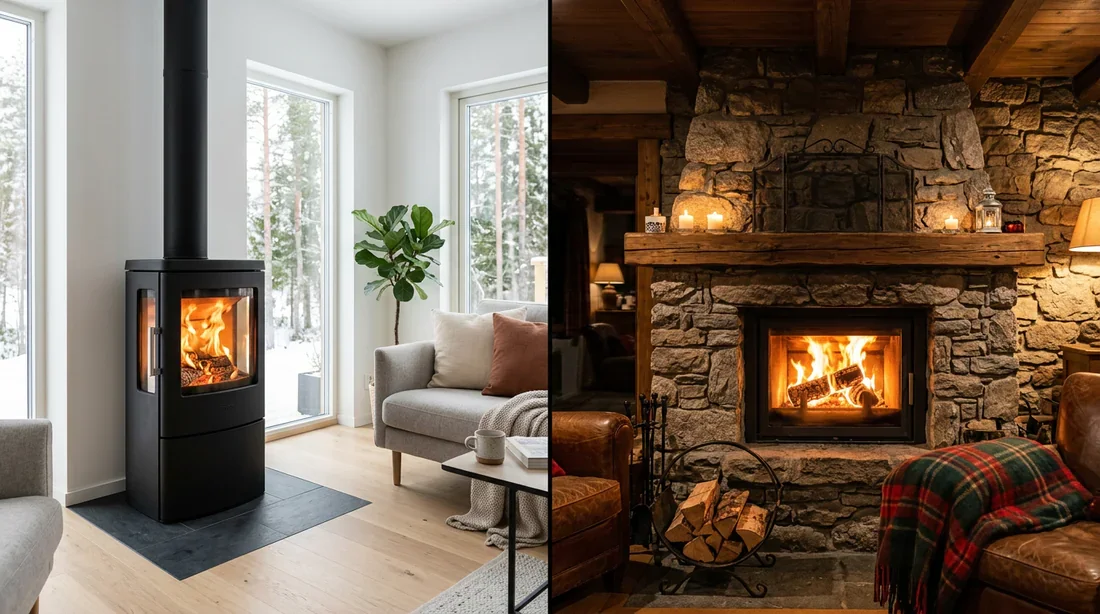 Poêle à bois ou insert : quel chauffage choisir ? Comparatif visuel entre un poêle à bois moderne et un insert encastré dans un mur en pierre