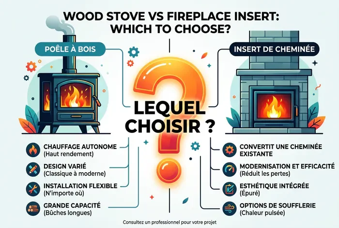 Infographie comparative : Poêle à bois vs Insert, lequel choisir ?