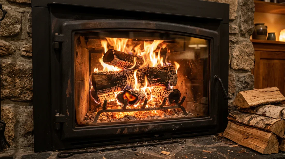 Rendement énergétique et chaleur d'un insert Insert de cheminée à haut rendement énergétique avec bûches en combustion