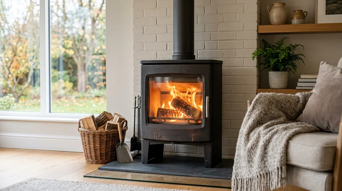 Fonctionnement et rayonnement d'un poêle à bois Poêle à bois contemporain avec flammes apparentes chauffant un salon