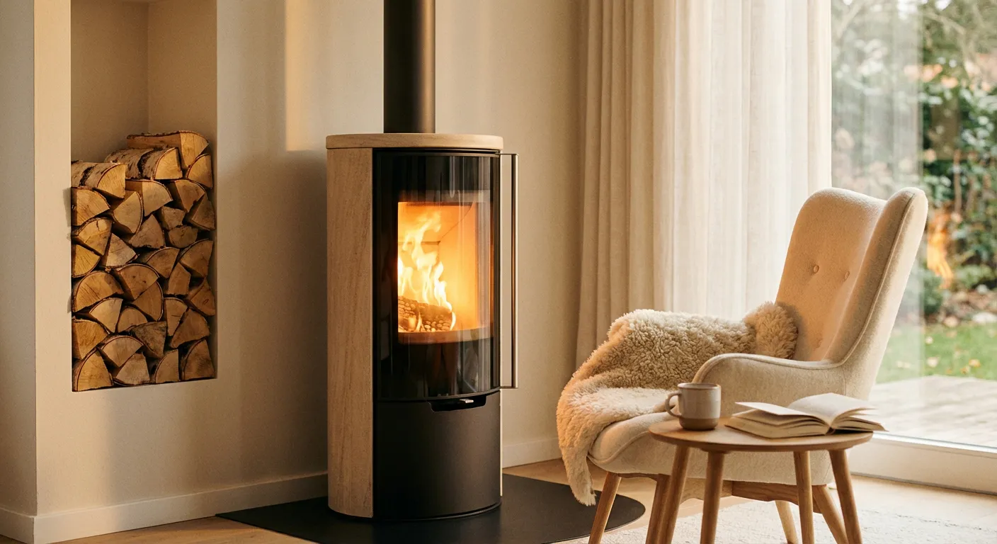 Ambiance chaleureuse dans un coin lecture avec un poêle Max Blank