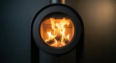 Gros plan sur les flammes d'un poêle Max Blank design