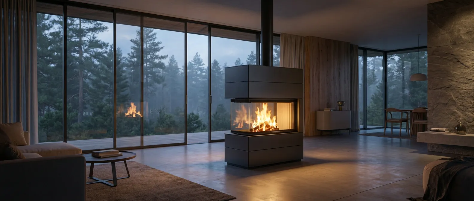 Salon de luxe contemporain avec un poêle Max Blank haut de gamme en fonctionnement