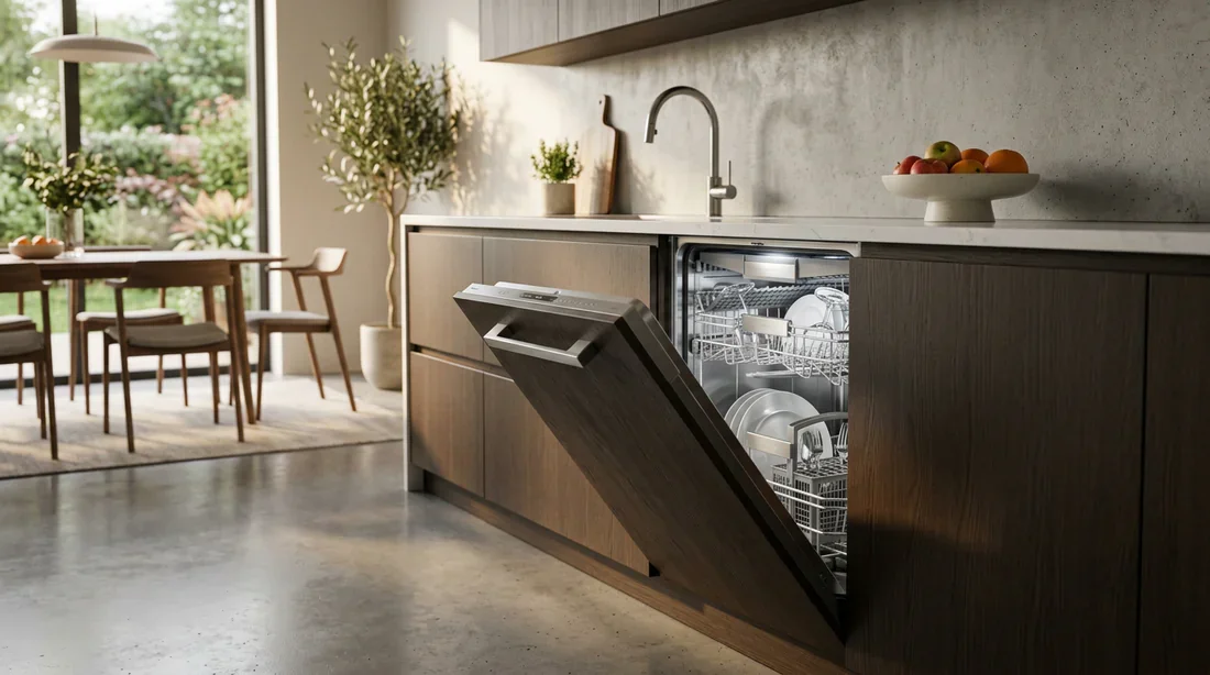Cuisine moderne avec lave-vaisselle encastré entrouvert