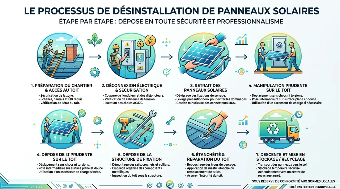 Infographie du processus de démontage Étapes de démontage de panneaux solaires