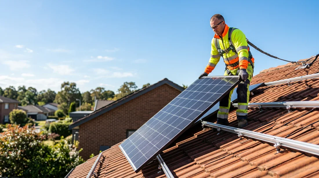 Artisan couvreur installant des panneaux solaires Un artisan couvreur professionnel manipulant un panneau solaire sur une toiture