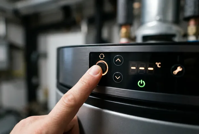 Problème chauffe-eau thermodynamique Aldes : Le guide 2026 - Panne chauffe-eau Aldes : Le guide de dépannage ultime - Chauffe-eau Aldes en panne ? Voici comment le réparer Main appuyant sur le bouton reset d'un chauffe-eau