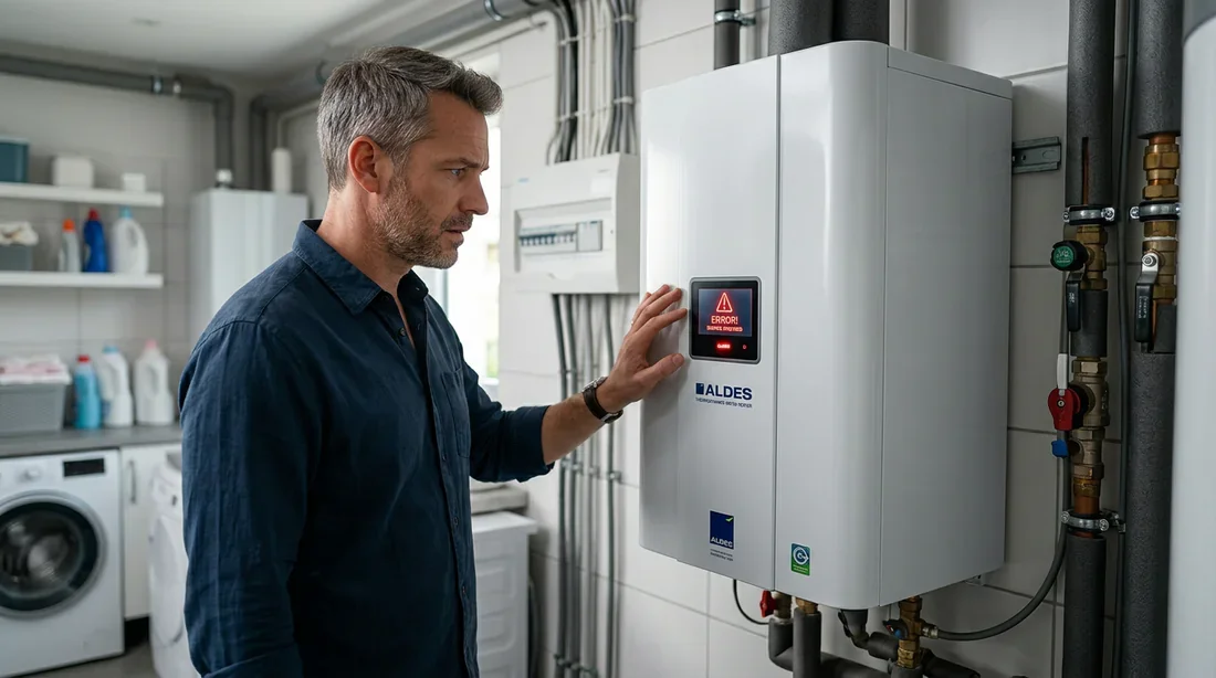 Problème sur chauffe-eau thermodynamique : diagnostic Propriétaire examinant un chauffe-eau thermodynamique avec un voyant rouge