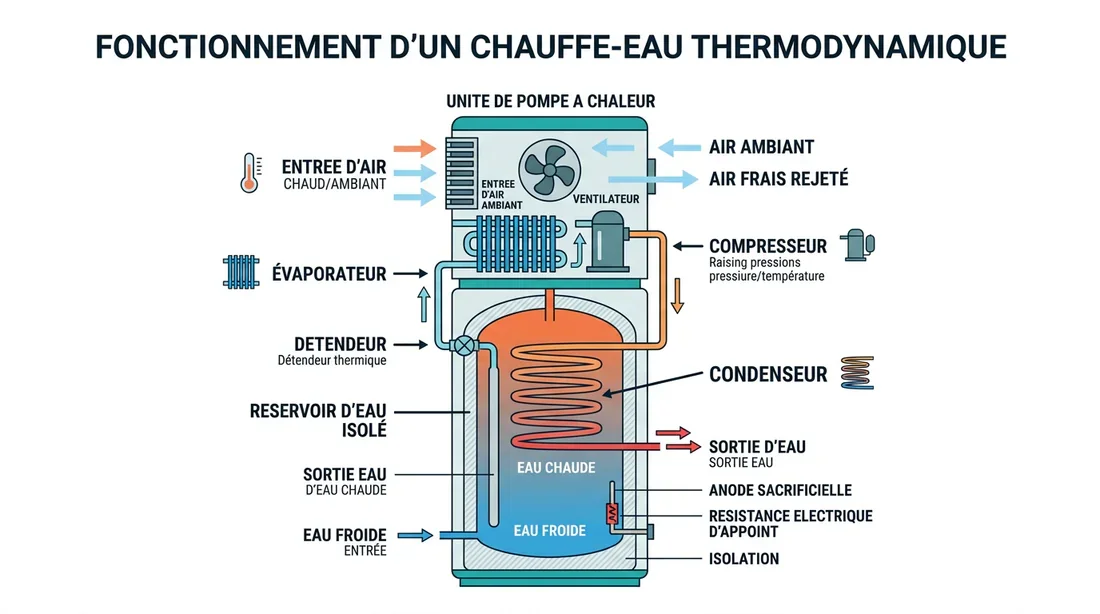 Principe de fonctionnement thermodynamique Schéma de fonctionnement d'un chauffe-eau thermodynamique