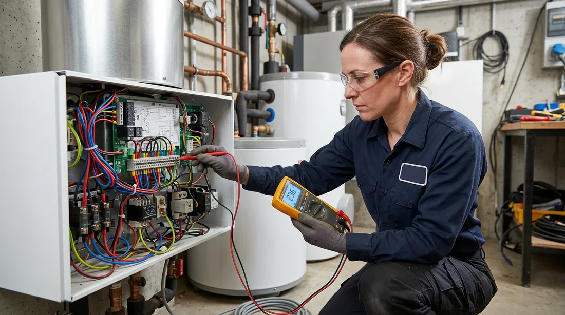 Maintenance électrique chauffe-eau thermodynamique Technicien testant les composants électriques d'un chauffe-eau