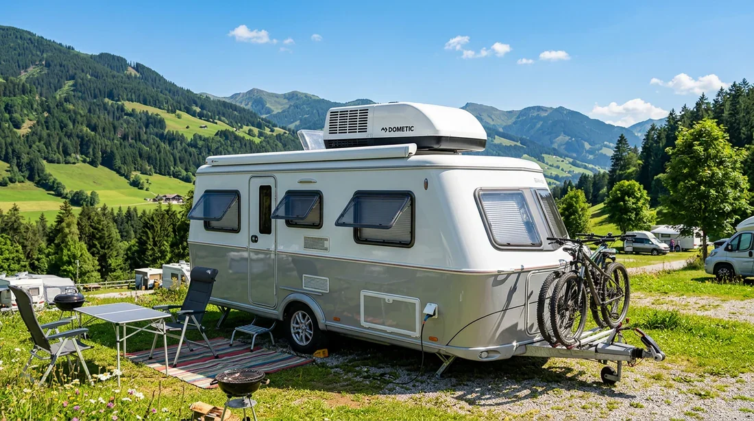 Climatisation Dometic installée sur le toit d'une caravane Caravane moderne stationnée au soleil avec une climatisation de toit Dometic