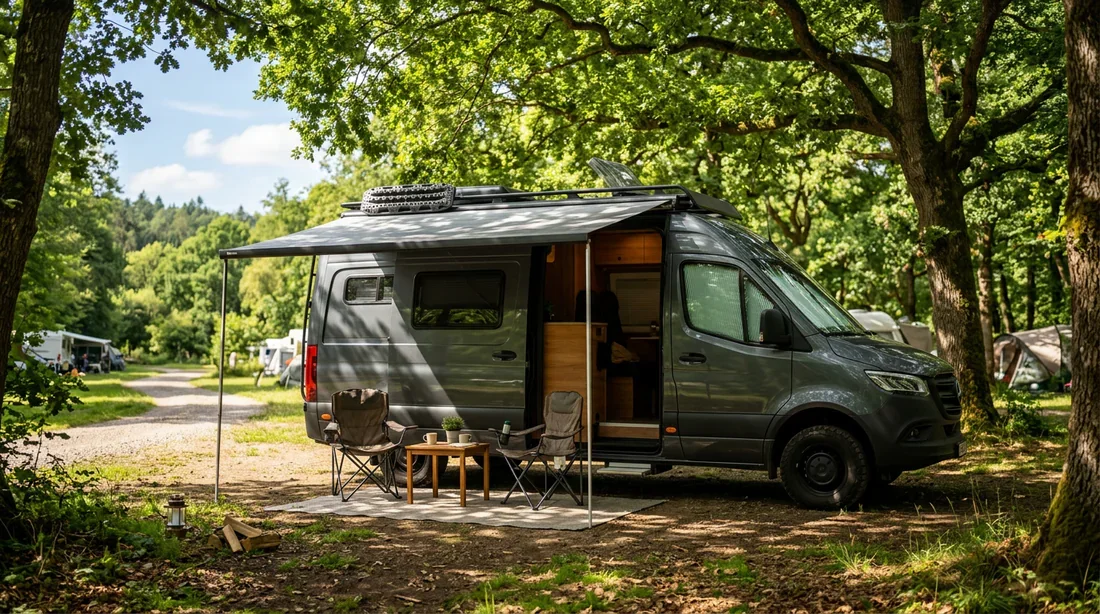 Conseils pour optimiser l'efficacité de la climatisation en camping Caravane stationnée à l'ombre des arbres pour préserver la fraîcheur intérieure