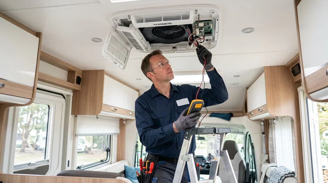 Diagnostic et recherche de panne sur climatisation Dometic Technicien inspectant une unité de climatisation Dometic dans une caravane