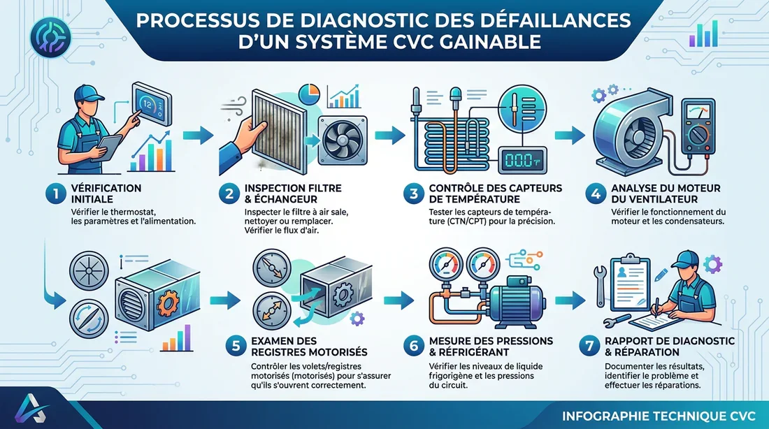 Étapes de diagnostic d'une panne de climatisation gainable Infographie du diagnostic de panne sur système de climatisation gainable