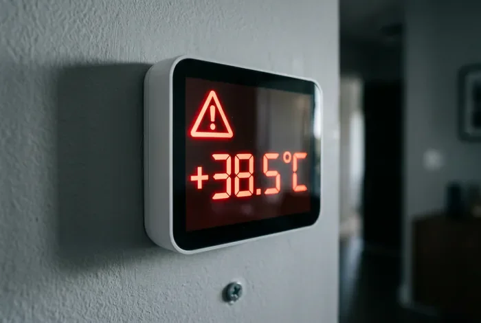 Problème climatisation Koolnova : 5 étapes de réparation - Clim Koolnova en panne ? Réparez-la en 5 étapes ! - Comment résoudre un problème de clim Koolnova ? Thermostat mural Koolnova affichant une alerte de température rouge