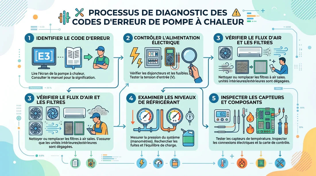 Étapes de diagnostic d'une panne de pompe à chaleur Infographie expliquant la démarche de diagnostic pour résoudre un code d'erreur Saunier Duval