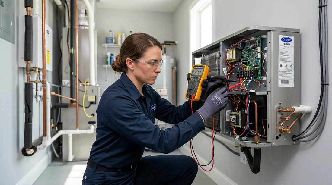 Contrôle des composants électroniques de la pompe à chaleur Technicien mesurant la tension électrique d'une unité intérieure de pompe à chaleur