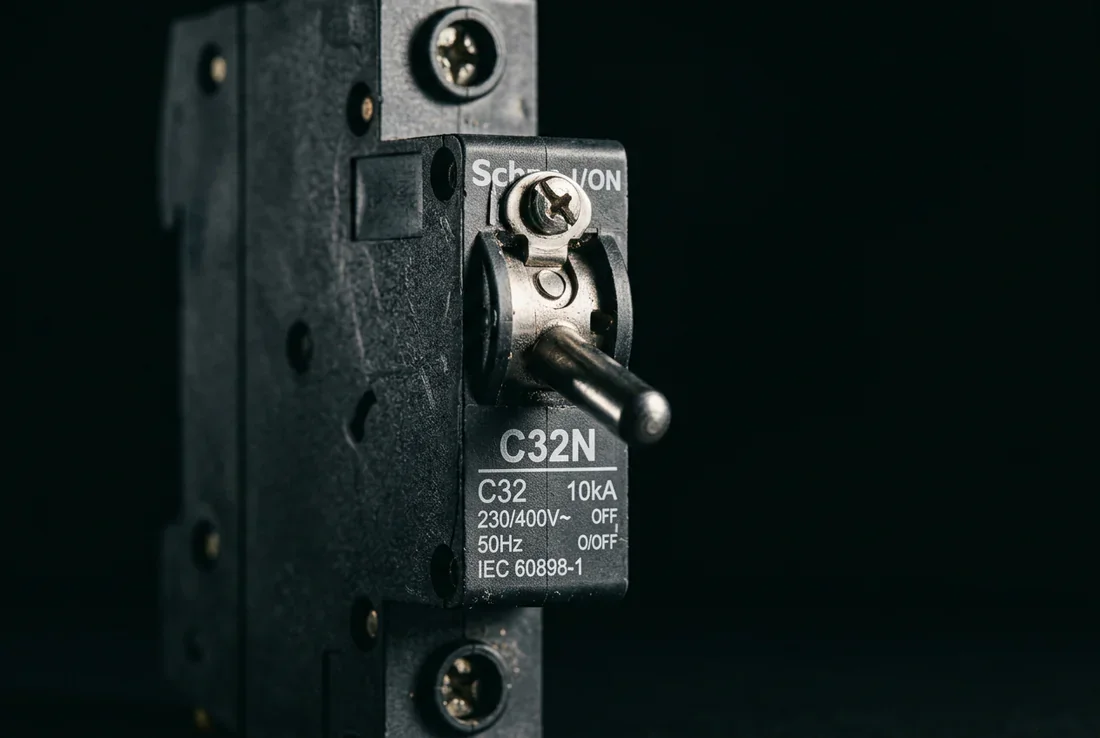 Tableau électrique résidentiel moderne avec disjoncteur C32N mis en lumière dans un style architectural