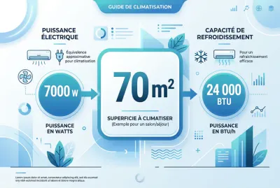 Infographie résumant la puissance nécessaire 7000W et 24000 BTU pour 70m2