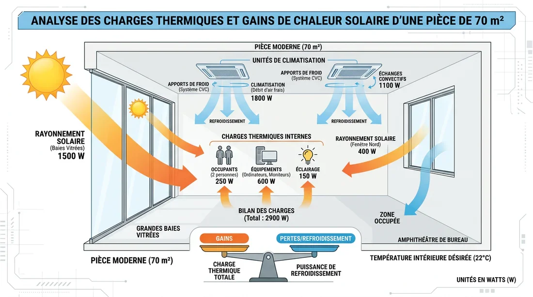 Calcul de puissance thermique pour climatiseur Schéma explicatif des apports thermiques et du bilan de puissance pour 70m2