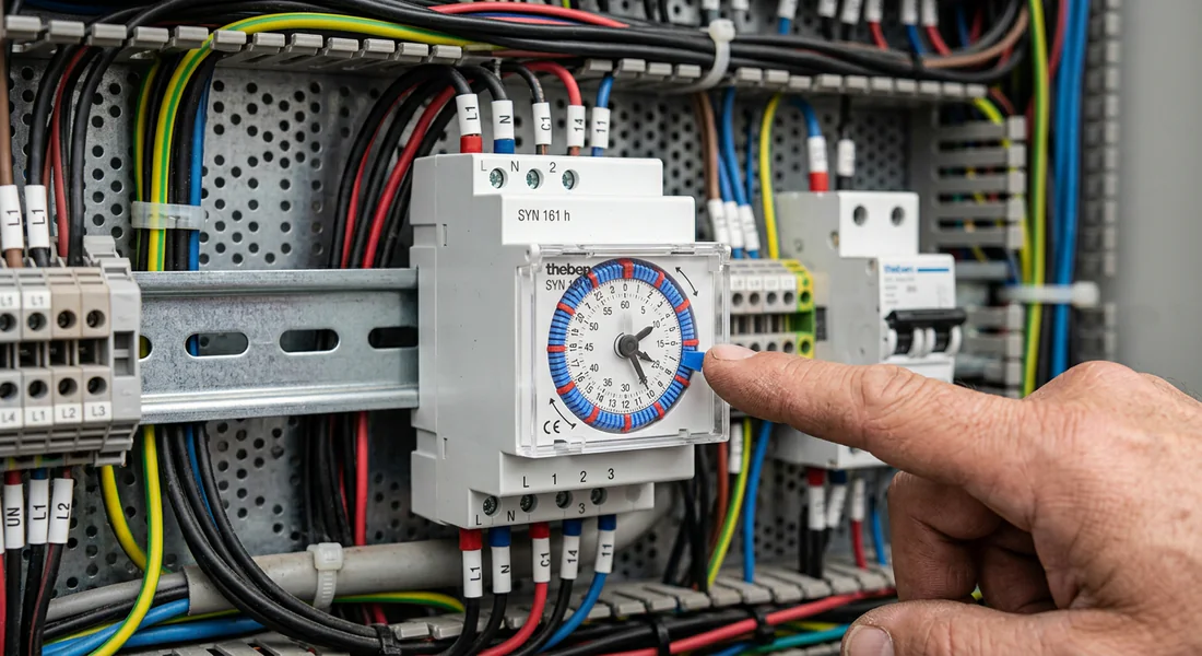 Horloge programmable Theben SYN 161 h sur rail DIN avec doigt pointant le cadran