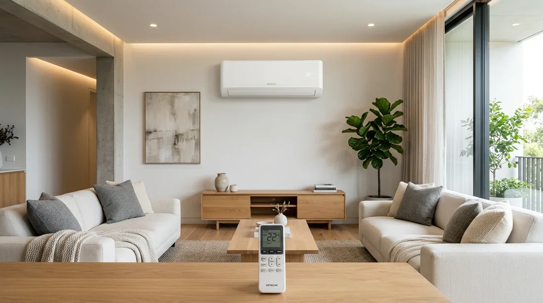 Télécommande et climatiseur split Hitachi dans un salon moderne Climatiseur mural Hitachi blanc moderne dans un salon design avec télécommande au premier plan