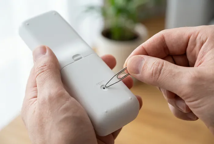 Réinitialiser la clim Hitachi : Tuto 4 Étapes - Reset Clim Hitachi : Évitez 150€ de Dépannage ! - Clim Hitachi qui Clignote ? La Solution Rapide Gros plan sur l'utilisation d'un trombone pour réinitialiser une télécommande de climatisation