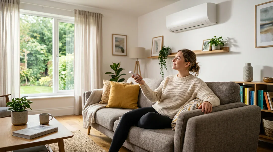 Problème de fonctionnement de la télécommande Hitachi Personne tenant une télécommande de climatisation Hitachi dans son salon