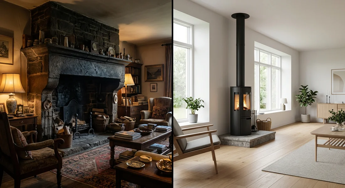 Comparaison avant-après : remplacement d'une vieille cheminée rustique par un poêle à bois moderne et design.