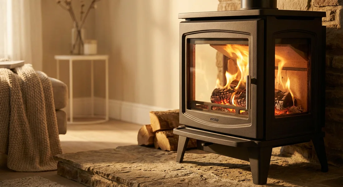 Gros plan sur les flammes d'un poêle à bois à haute performance énergétique.