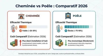 Infographie comparative entre cheminée et poêle : prix 2026 et rendement.