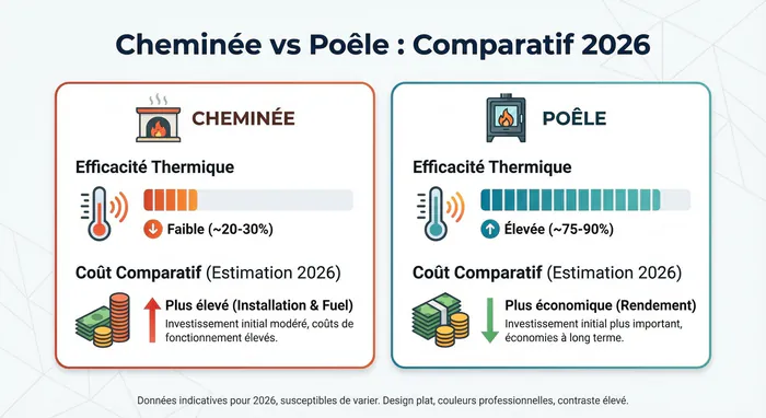 Infographie comparative entre cheminée et poêle : prix 2026 et rendement.