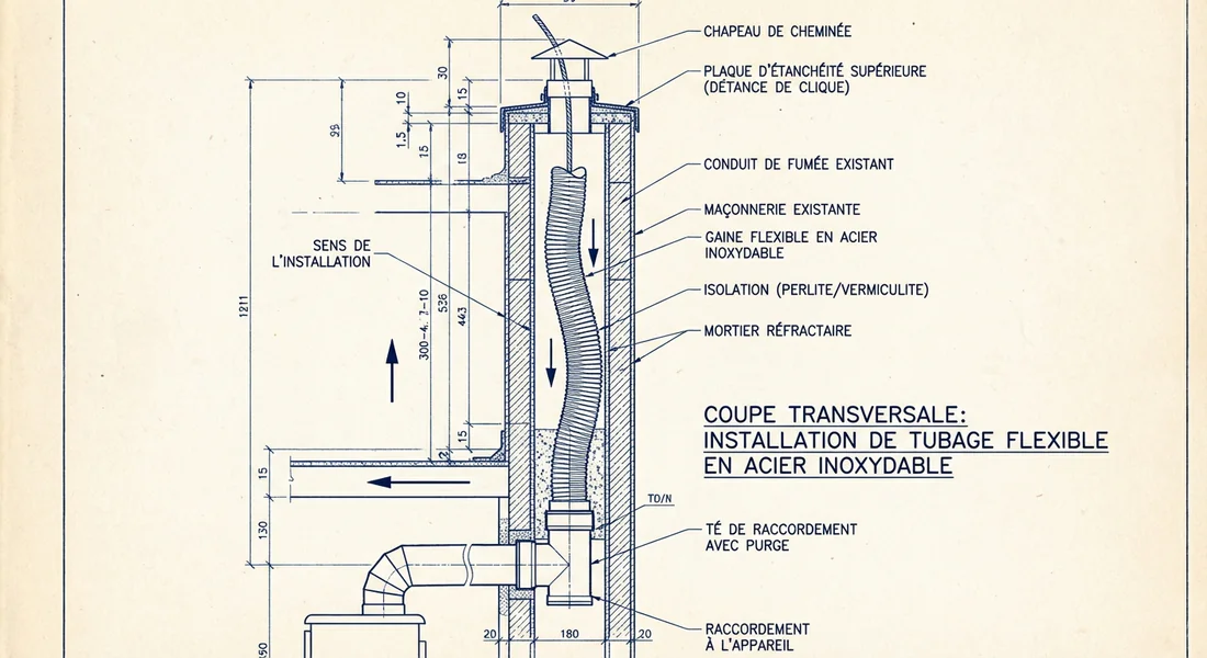 Schéma technique du tubage d'un conduit de cheminée pour l'installation d'un poêle.