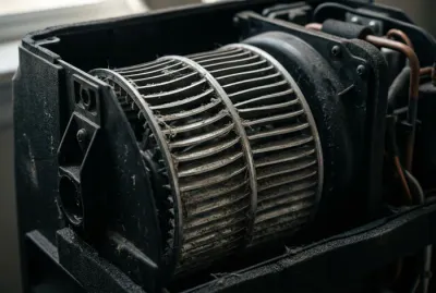 Gros plan sur la turbine d'un climatiseur mobile couverte de poussière