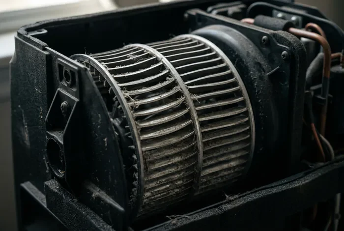 Réparer le ventilateur cylindrique d'un climatiseur - Clim en panne : sauvez la turbine en 5 étapes ! - Turbine de climatiseur bloquée ? Le guide dépannage Gros plan sur la turbine d'un climatiseur mobile couverte de poussière