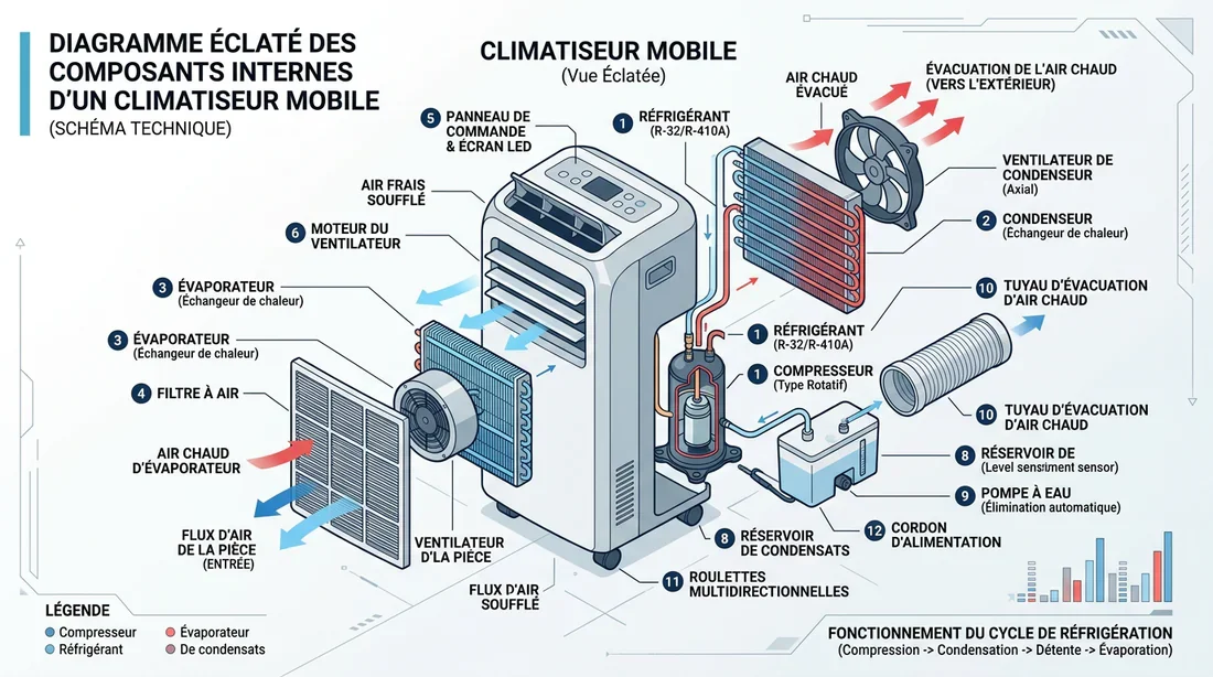 Composants et fonctionnement interne d'un climatiseur Schéma explicatif des pièces internes d'un climatiseur mobile