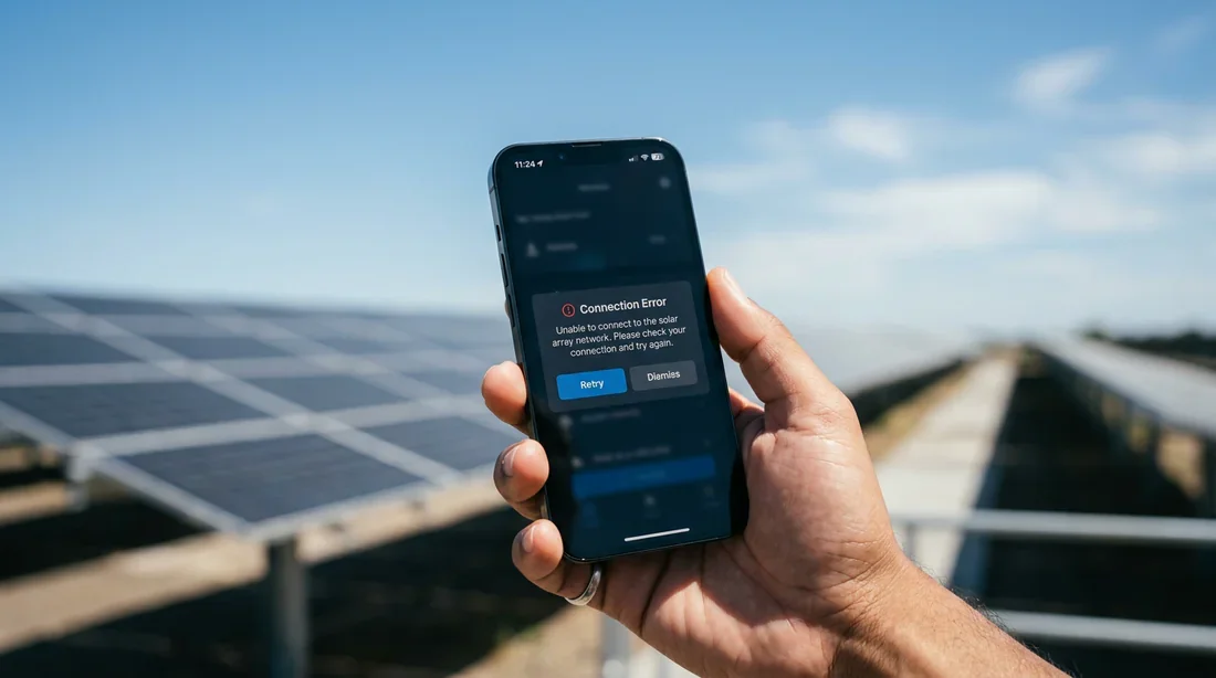 Erreur de connexion application photovoltaïque Smartphone affichant une erreur de connexion devant des panneaux photovoltaïques