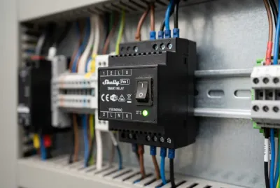 Gros plan sur un module relais Shelly Pro 1 sur rail DIN