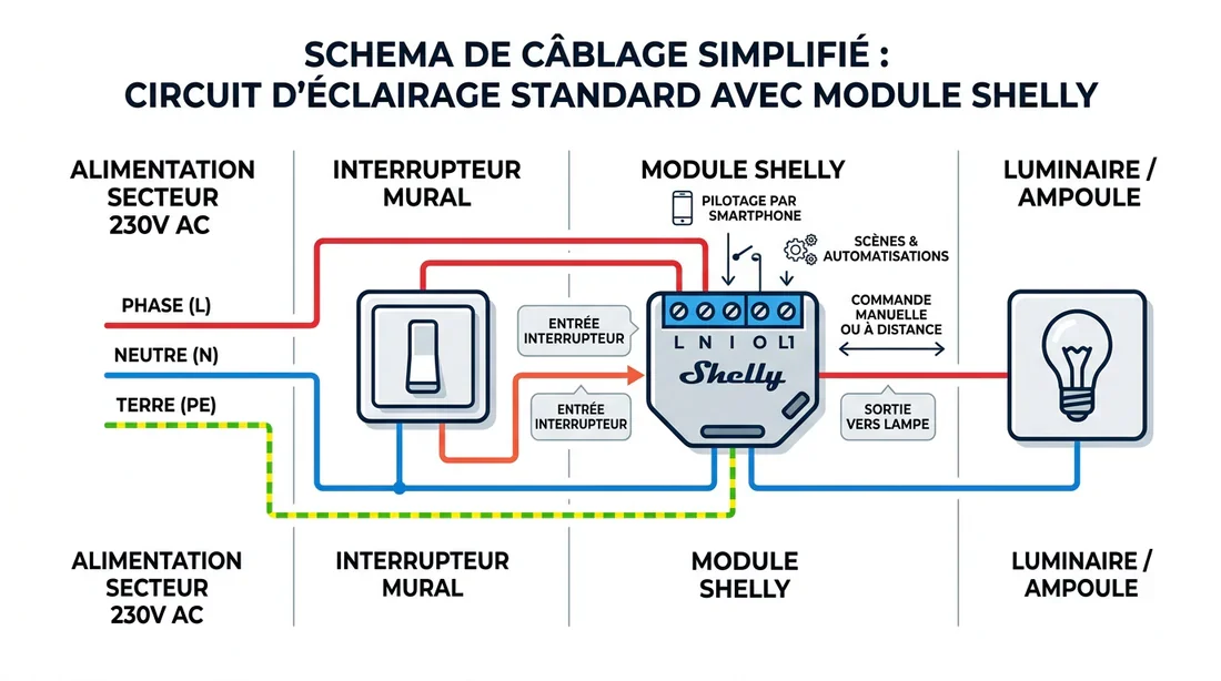 Schéma technique de branchement Shelly Schéma de câblage pour installation domotique avec module Shelly