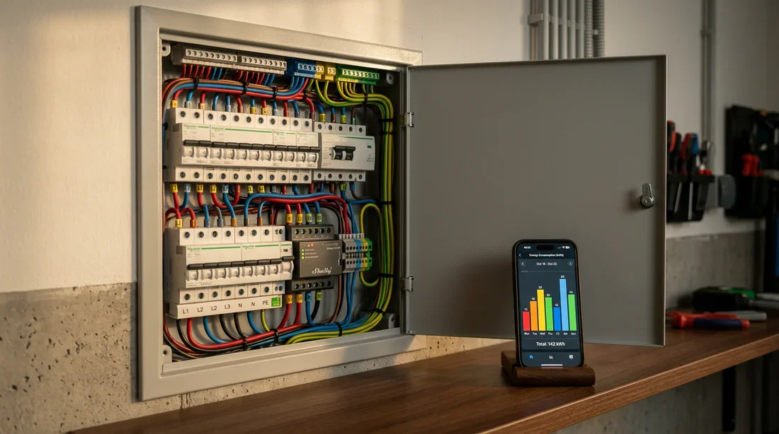 Optimisation énergétique avec Shelly et suivi sur smartphone Tableau électrique moderne avec application de suivi de consommation énergétique Shelly