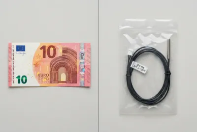 Billet de 10 euros à gauche et sonde de climatisation neuve sous emballage à droite.