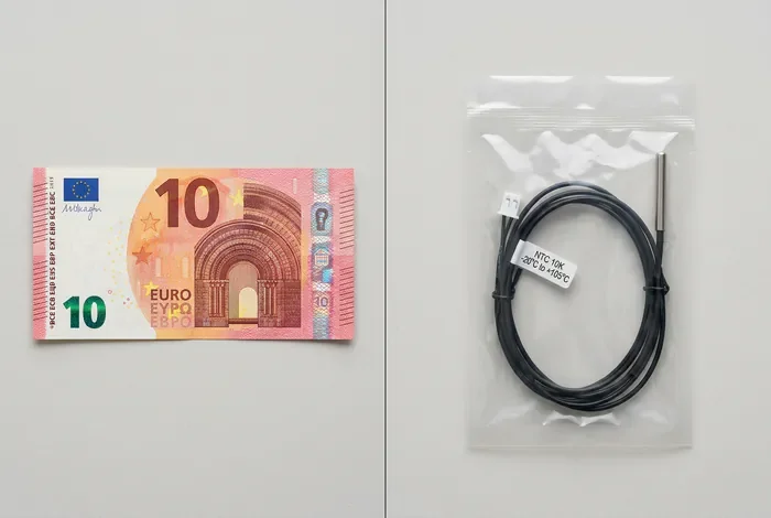 Billet de 10 euros à gauche et sonde de climatisation neuve sous emballage à droite.