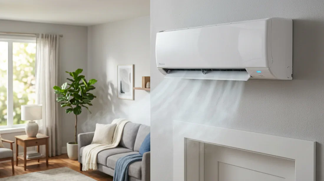 Diagnostic des problèmes de régulation de température Unité intérieure de climatisation murale en fonctionnement dans un salon.
