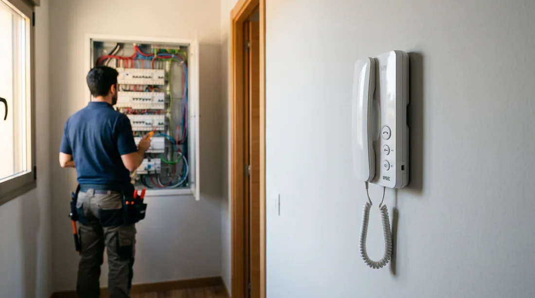 Électricien inspectant un tableau électrique à côté d'un interphone Urmet